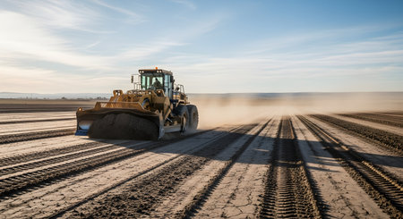 A powerful yellow wheel loader grading a vast, dry dirt field under a wide-open sky. The heavy machinery kicks up a trail of dust as it moves, creating long shadows in the late afternoon sun. This image conveys themes of construction, land development, and industrial power.の素材