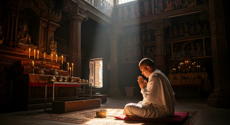 A Buddhist monk in white robes meditates peacefully in a serene and ancient temple. A divine sunbeam illuminates him as he sits in a prayer position before an altar with candles. The atmosphere is one of spiritual tranquility, devotion, and inner peace.の素材