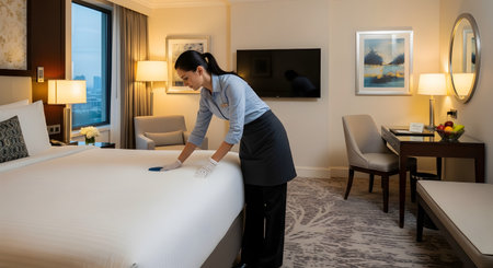 A diligent hotel maid, dressed in a professional uniform and white gloves, is preparing a guest room for arrival. She is meticulously cleaning or smoothing the white sheets of the bed in a well-appointed and modern hotel suite. Her focused work ensures a high standard of cleanliness and comfort for guests.の素材