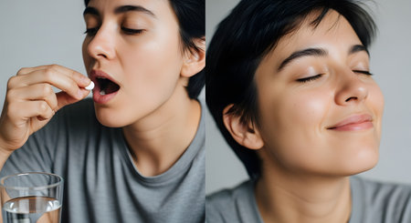A two-panel image showing a young woman managing her health. The left panel shows her taking a white pill with a glass of water, while the right panel shows her with a peaceful, relieved expression, suggesting the medicine's positive effect.の素材