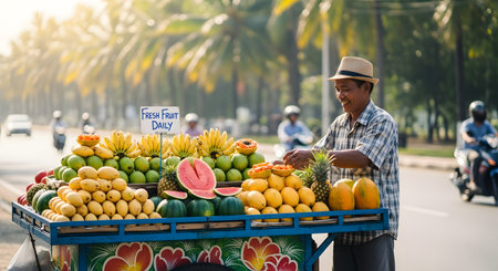 A cheerful Asian street vendor in a straw hat stands by his colorful cart, selling fresh tropical fruit on the side of a sunny road. The cart is abundantly stocked with bananas, watermelons, mangoes, and pineapples under a sign that reads 'Fresh Fruit Daily'. The scene captures the vibrant street life and small business culture of Southeast Asia.の素材