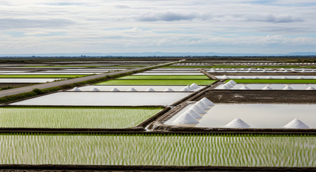 A vast agricultural landscape shows a geometric pattern of fields under a cloudy sky. The scene combines vibrant green rice paddies with flooded salt evaporation ponds, where numerous white piles of harvested salt are neatly arranged, showcasing the coexistence of different types of farming.の素材
