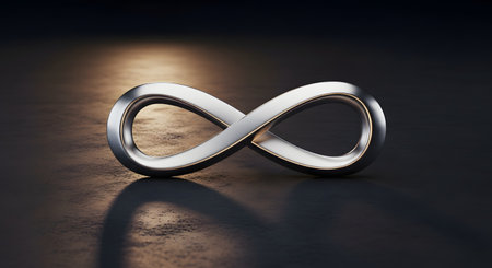 A sleek, metallic infinity symbol rests on a dark, textured surface, illuminated by a warm spotlight that creates a dramatic shadow. This 3D rendering represents concepts like eternity, limitless possibilities, and endless cycles. The brushed metal texture gives it a modern and sophisticated feel.の素材