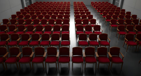 A high-angle view of a modern, empty auditorium or lecture hall filled with neat rows of red chairs. The symmetrical arrangement of the seating creates a strong sense of order and pattern. This image represents concepts like conferences, presentations, education, performance, and public speaking.の素材