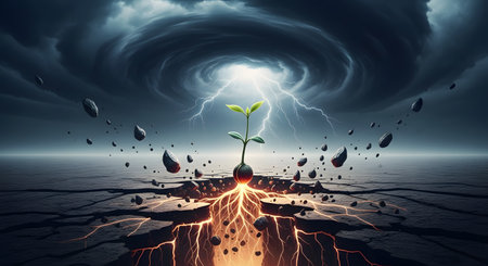 A single green sprout emerges from a seed in dry, cracked earth, symbolizing hope and resilience. Its roots glow with powerful energy, while overhead, a dramatic, swirling storm cloud flashes with lightning, representing growth and strength in the face of adversity.の素材