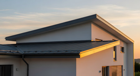 The clean, sharp lines of a modern house's roof are highlighted by the warm glow of a sunset. The dark grey standing seam metal roof contrasts with the white stucco walls of the home. This image represents contemporary residential architecture, construction, and real estate.の素材