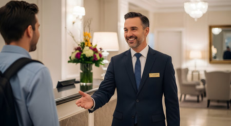 A handsome and smiling hotel manager in a sharp suit warmly welcomes a guest at the luxurious reception lobby. He extends his hand for a handshake, displaying excellent customer service and hospitality. The elegant background with soft lighting and floral arrangements enhances the welcoming and professional atmosphere.の素材