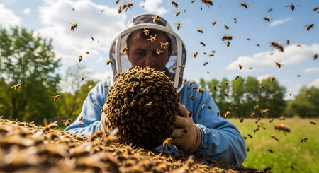 A beekeeper wearing a protective suit and veil carefully holds a large, round natural honeycomb completely covered by a swarm of bees. This dynamic, low-angle shot captures the fascinating and busy world of apiculture, with bees flying all around.の素材