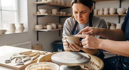 A pottery student with a look of concentration receives guidance from an instructor in a ceramics workshop. The instructor's hands point to a detail on the clay cup the student is holding, while a potter's wheel and tools are visible.の素材