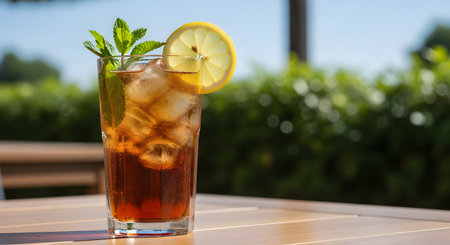 A tall glass of refreshing iced tea sits on a wooden table outdoors on a sunny day. The drink is filled with ice cubes and garnished with a slice of lemon and a sprig of fresh mint, with a blurred green garden in the background.の素材