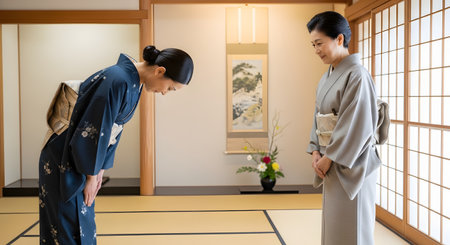 In a traditional Japanese room with tatami mats and shoji screens, a woman in a dark blue kimono bows deeply to an older woman in a grey kimono. This gesture represents the deep-rooted Japanese culture of respect, etiquette, and formality.の素材
