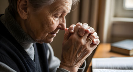 A close-up, poignant portrait of an elderly woman with wrinkled hands clasped in prayer. Her eyes are closed in deep contemplation or devotion, with an open book, possibly a Bible, on the table beside her. The image conveys strong themes of faith, spirituality, hope, and the wisdom of age.の素材