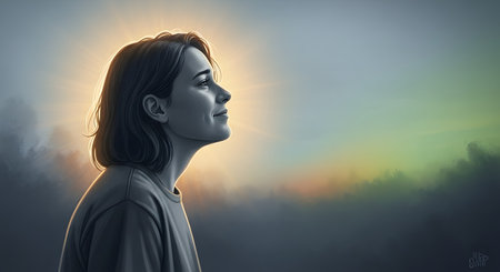 Digital illustration of a young person with a serene and hopeful expression, looking up towards a bright, radiant light. The artwork conveys a sense of spirituality, inspiration, and inner peace against a soft, atmospheric background.の素材