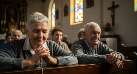 An elderly woman with her eyes closed, praying devoutly with rosary beads in a church pew. An elderly man sits beside her, also in prayer, with a crucifix and stained glass windows visible in the peaceful, sunlit background. The scene conveys a sense of deep faith, spirituality, and lifelong devotion.の素材