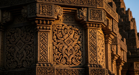 A close-up view of highly detailed and ornate stone carvings on the exterior of an ancient temple, illuminated by the warm light of sunrise or sunset. The intricate floral and geometric patterns showcase the masterful craftsmanship of historical architecture, likely from Southeast Asia.の素材