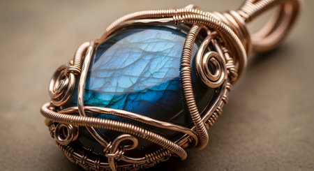 A detailed macro shot of a handmade wire-wrapped pendant featuring a polished labradorite stone. The iridescent blue and green hues of the gemstone are beautifully complemented by the intricate copper wire work, showcasing skilled craftsmanship and unique jewelry design.の素材