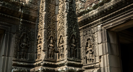 Detailed stone carvings of Apsara dancers adorn the weathered walls of an ancient temple in Angkor, Cambodia. The intricate bas-reliefs show figures in traditional attire within ornate niches, highlighting the historical and cultural significance of the Khmer architecture.の素材