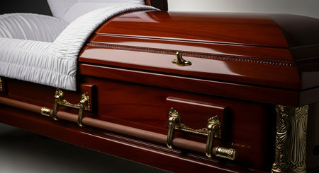 A close-up shot of an elegant, open wooden casket with a high-gloss cherry finish and ornate brass handles. The interior is lined with clean, white pleated satin, prepared for a funeral service or viewing.の素材