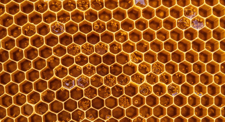 A detailed macro photograph of a natural honeycomb, revealing its perfect hexagonal wax cells filled with glistening golden honey. The texture and geometric pattern create a sweet and organic background. This image represents nature, beekeeping, healthy food, and the work of bees.の素材