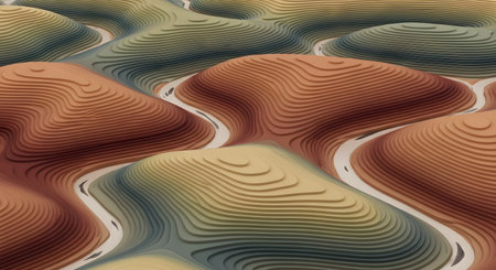 An abstract 3D rendering of a stylized landscape made of contoured layers, resembling a topographic map. The rolling hills are depicted in a palette of earthy tones, including terracotta, olive green, and muted yellow, with white rivers or roads winding through the valleys. The image represents concepts of geography, data visualization, and abstract terrain.の素材