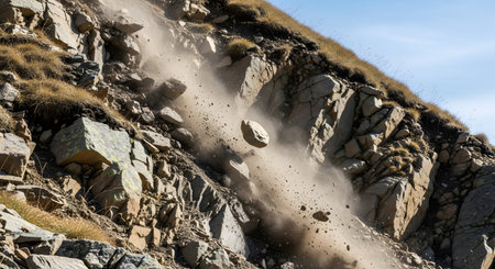 A dynamic action shot captures a rockfall on a steep, arid mountainside, with rocks and stones of various sizes tumbling down and kicking up a cloud of dust. The image powerfully illustrates the natural process of erosion, landslides, and the inherent dangers of mountainous terrain.の素材