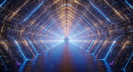 A journey through a futuristic digital tunnel constructed from glowing blue and orange lines of light. This abstract background represents concepts like high-speed data transfer, cyberspace, virtual reality, and advanced technology.の素材