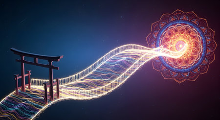 An abstract representation of a spiritual journey, featuring a traditional Japanese Torii gate at the start of a winding, luminous path made of light particles that leads to a large, intricate, and glowing mandala against a cosmic, starry background. The image blends technology and spirituality, suggesting enlightenment or a path to higher consciousness.の素材