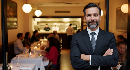 A handsome, successful restaurant owner or manager in a dark suit stands confidently with his arms crossed, welcoming guests at the entrance to his fine dining establishment. In the softly lit background, patrons are enjoying their meals and the kitchen staff is at work, depicting a thriving hospitality business.の素材