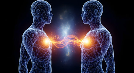 An illustration depicting two translucent human figures facing each other, with a vibrant stream of light and energy connecting their hearts or chests. Set against a cosmic background, this image symbolizes a deep spiritual connection, soulmates, empathy, love, and the flow of life force energy.の素材