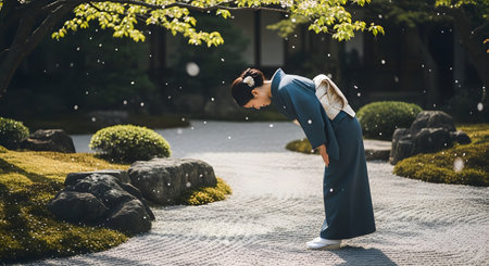 An elegant Japanese woman wearing a traditional blue kimono bows respectfully in a serene zen rock garden. The tranquil setting features raked gravel, mossy stones, and trees, embodying Japanese culture and tradition.の素材