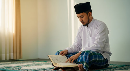 A devout Muslim man wearing a white koko shirt, a black peci cap, and a plaid sarong is sitting on a prayer rug and attentively reading the Quran. He is in a brightly lit room with soft sunlight coming through a window, creating a serene and spiritual atmosphere. This image represents Islamic faith, prayer, and devotion during Ramadan.の素材