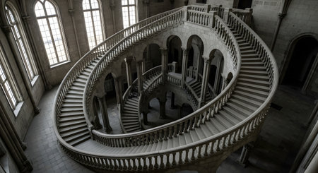 An impressive double helix spiral staircase made of carved stone inside a historic building. The complex and elegant architectural design creates a mesmerizing optical illusion of interwoven paths, showcasing masterful craftsmanship.の素材