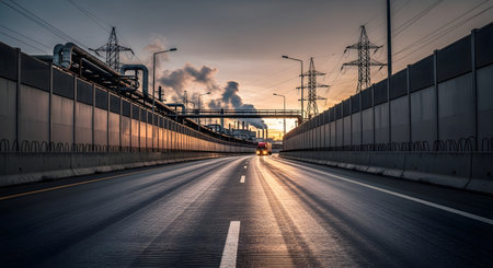 A wide-angle view of a multi-lane highway leading towards an industrial complex with smoking chimneys at sunset. The scene is framed by concrete walls and overhead power lines, representing themes of industry, energy, transportation, and environmental impact.の素材