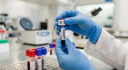 A scientist or lab technician wearing blue nitrile gloves carefully examines a test tube containing a blood sample. The vial is labeled with a barcode and QR code for tracking in a modern laboratory setting. In the background, more blood samples and medical equipment, including a centrifuge, are visible, representing diagnostics and scientific research.の素材