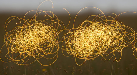 An abstract photograph of glowing golden light trails creating intricate, chaotic scribbles against a blurred, natural background. This long-exposure shot captures the movement of light, possibly from fireflies or a handheld light source, resulting in a magical and energetic visual. The setting appears to be a field during twilight.の素材