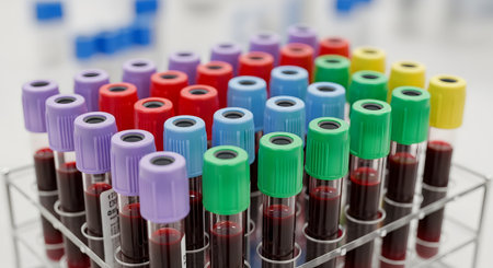 A close-up view of numerous test tubes filled with blood samples, neatly arranged in a laboratory rack. The tubes are sealed with colorful caps, including purple, red, light blue, green, and yellow, indicating different types of tests or additives. This image represents medical testing, healthcare, and scientific research.の素材