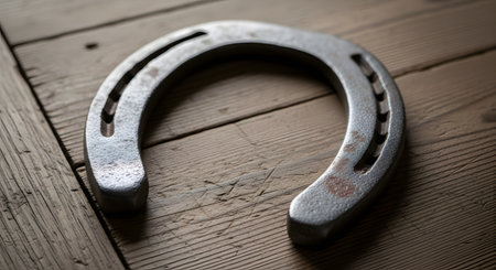 A classic metal horseshoe, a traditional symbol of good luck and protection, rests on a rustic, textured wooden surface. The slightly worn object evokes concepts of equestrian life, western culture, and long-held superstitions about fortune.の素材