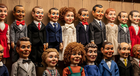 A large collection of vintage ventriloquist dummies arranged neatly in rows against a wooden background. The puppets, dressed in suits and dresses, stare forward with painted smiles, creating an eerie, unsettling, and slightly creepy atmosphere. This image evokes themes of performance, nostalgia, and horror.の素材