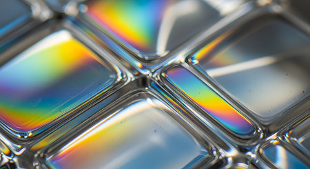 An abstract macro photograph shows light refracting through a textured glass or plastic surface, creating vibrant rainbow-colored patterns. The geometric grid and the colorful light dispersion result in a beautiful and scientific-looking background.の素材