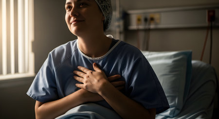 A female cancer patient wearing a head covering sits in a hospital bed with a hopeful and grateful expression, her hands resting on her chest. The soft light from a window suggests optimism, resilience, and strength during treatment and recovery.の素材