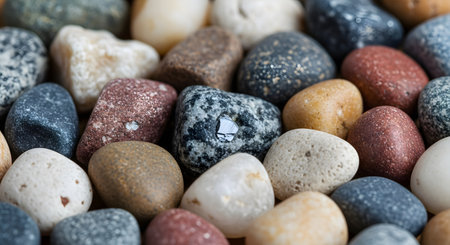 A close-up view of numerous smooth, colorful river pebbles fills the frame. One dark stone stands out, as its shiny surface holds a clear reflection of a sailboat, symbolizing individuality, hidden treasures, and seeing things from a different perspective.の素材