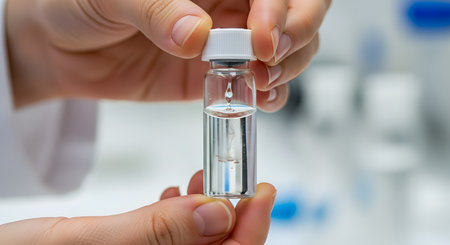 A close-up shot of a scientist's or researcher's hands in a laboratory setting, holding a small glass vial containing a clear liquid. The image represents scientific research, pharmaceutical development, medical testing, and chemistry.の素材