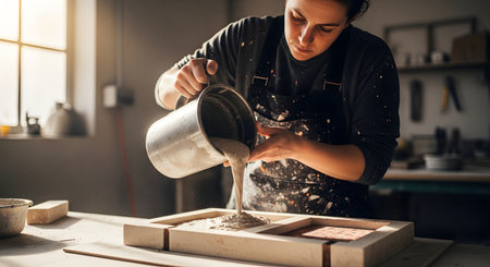 A female artisan in an apron is focused on her craft, pouring a wet concrete or plaster mixture from a metal pitcher into a wooden mold. The scene takes place in a rustic workshop with natural light from a window, highlighting the hands-on process of creating handmade tiles or decorative objects. Her apron is splattered with material, showing her dedication.の素材