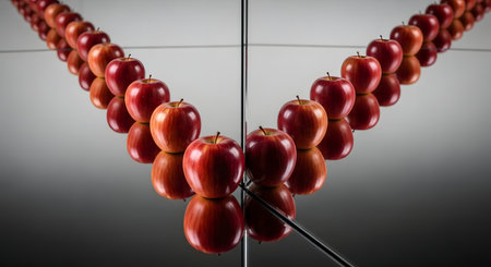 A conceptual image featuring a single red apple placed between two mirrors, creating an infinite reflection that forms a V-shape. The glossy apples and their reflections recede into the distance against a clean, grey gradient background. This artistic setup represents concepts like infinity, patterns, repetition, and perspective.の素材