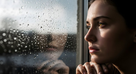 A pensive young woman looks out a window covered in raindrops on a gloomy, rainy day. Her reflection is visible on the glass as she rests her chin on her hand, conveying a sense of sadness, contemplation, and melancholy. The soft, natural light highlights her somber expression.の素材