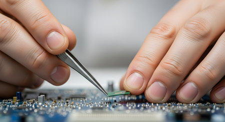 A detailed macro shot of a technician's hands using precision tweezers to carefully place a small microchip onto a complex circuit board. The image highlights the intricate work involved in electronics repair, assembly, and engineering. The focus is sharp on the tweezers and chip, with the rest of the motherboard components blurred in the background.の素材