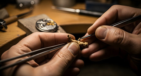 A macro shot of a craftsman's hands using precision tweezers to assemble or repair a tiny, intricate figurine. In the background, a watch movement is visible on the workbench, signifying the detailed work of a watchmaker or jeweler.の素材