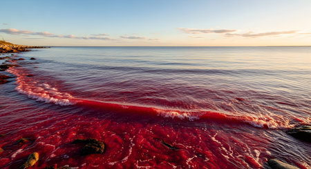 A surreal and striking coastal scene where the ocean water is a deep, blood-red color, likely caused by a red tide or algal bloom. A small wave of the crimson water washes up on a rocky shore under a calm, clear sky at dawn or dusk.の素材