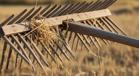 A close-up shot of a traditional wooden hay rake resting in a field, with dry straw caught in its tines. The warm, golden light of the late afternoon illuminates the rustic tool and the out-of-focus harvested field in the background. The image evokes a sense of farming, harvest time, and rural life.の素材