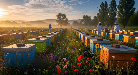 A scenic view of an apiary at sunrise, with rows of colorful beehives set in a beautiful field of wildflowers. Beekeepers in protective suits are tending to the hives amidst a misty morning glow, illustrating the process of beekeeping and honey production.の素材
